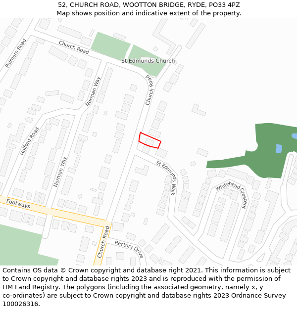 52, CHURCH ROAD, WOOTTON BRIDGE, RYDE, PO33 4PZ: Location map and indicative extent of plot