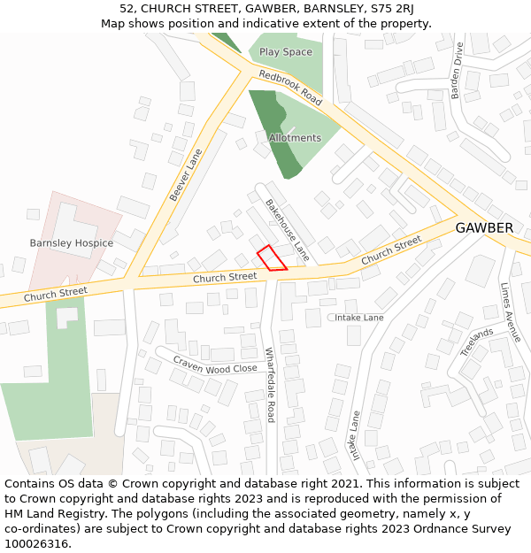 52, CHURCH STREET, GAWBER, BARNSLEY, S75 2RJ: Location map and indicative extent of plot