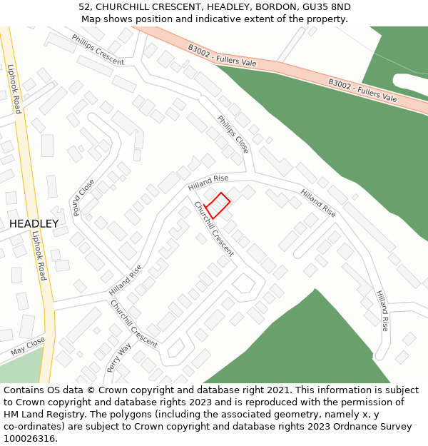52, CHURCHILL CRESCENT, HEADLEY, BORDON, GU35 8ND: Location map and indicative extent of plot