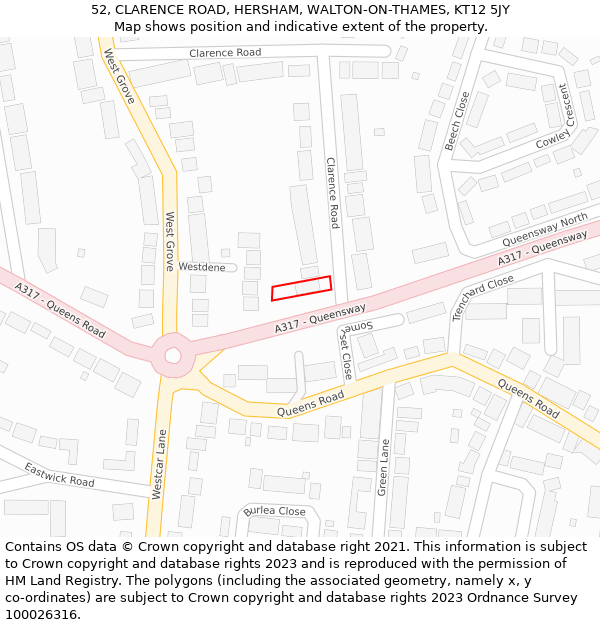 52, CLARENCE ROAD, HERSHAM, WALTON-ON-THAMES, KT12 5JY: Location map and indicative extent of plot