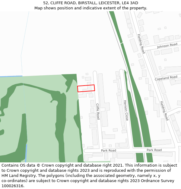 52, CLIFFE ROAD, BIRSTALL, LEICESTER, LE4 3AD: Location map and indicative extent of plot