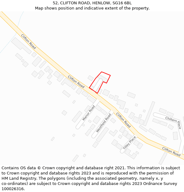 52, CLIFTON ROAD, HENLOW, SG16 6BL: Location map and indicative extent of plot