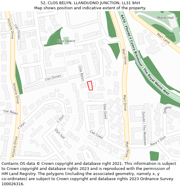 52, CLOS BELYN, LLANDUDNO JUNCTION, LL31 9AH: Location map and indicative extent of plot