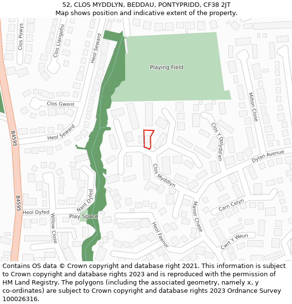 52, CLOS MYDDLYN, BEDDAU, PONTYPRIDD, CF38 2JT: Location map and indicative extent of plot