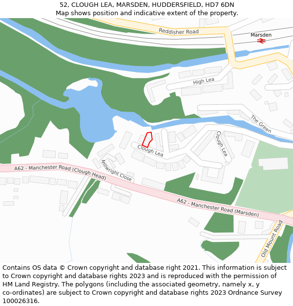 52, CLOUGH LEA, MARSDEN, HUDDERSFIELD, HD7 6DN: Location map and indicative extent of plot