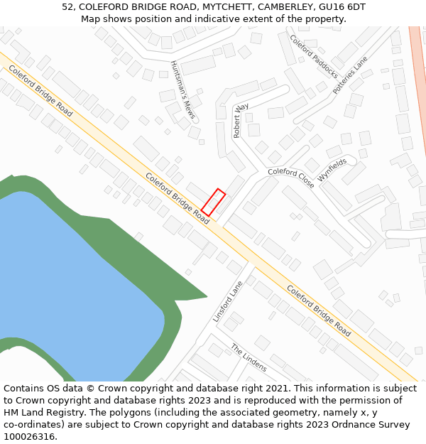52, COLEFORD BRIDGE ROAD, MYTCHETT, CAMBERLEY, GU16 6DT: Location map and indicative extent of plot
