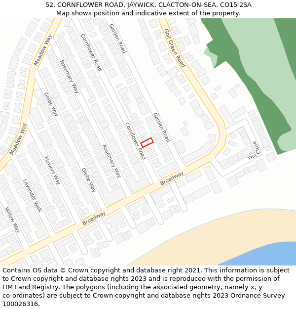 52, CORNFLOWER ROAD, JAYWICK, CLACTON-ON-SEA, CO15 2SA: Location map and indicative extent of plot