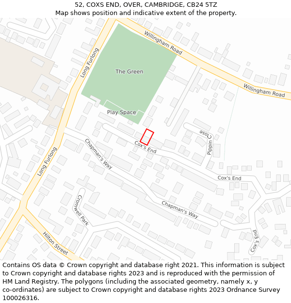 52, COXS END, OVER, CAMBRIDGE, CB24 5TZ: Location map and indicative extent of plot