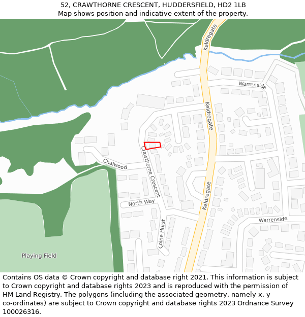52, CRAWTHORNE CRESCENT, HUDDERSFIELD, HD2 1LB: Location map and indicative extent of plot