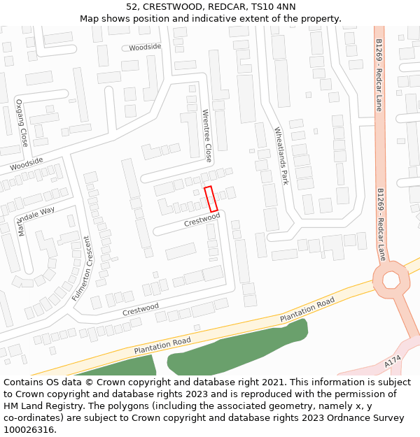 52, CRESTWOOD, REDCAR, TS10 4NN: Location map and indicative extent of plot