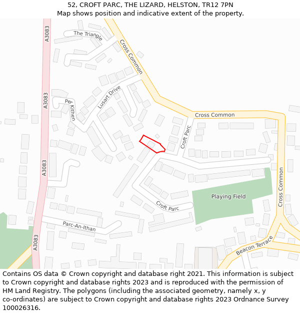 52, CROFT PARC, THE LIZARD, HELSTON, TR12 7PN: Location map and indicative extent of plot