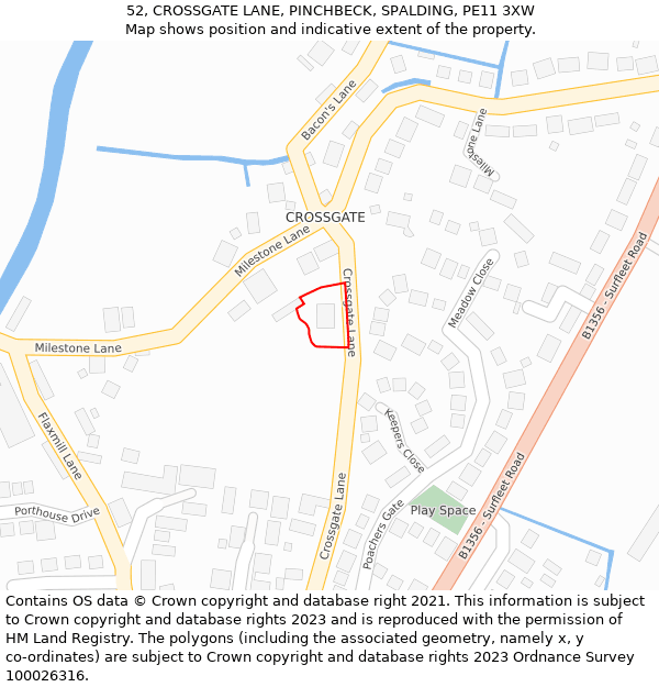 52, CROSSGATE LANE, PINCHBECK, SPALDING, PE11 3XW: Location map and indicative extent of plot