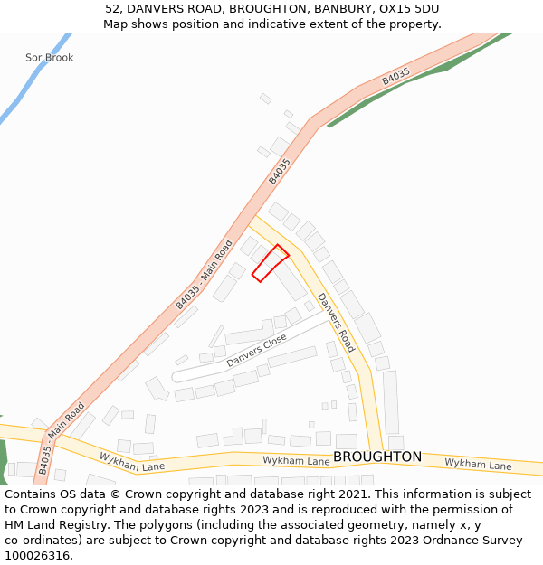 52, DANVERS ROAD, BROUGHTON, BANBURY, OX15 5DU: Location map and indicative extent of plot