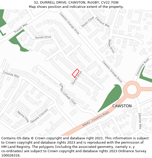 52, DURRELL DRIVE, CAWSTON, RUGBY, CV22 7GW: Location map and indicative extent of plot