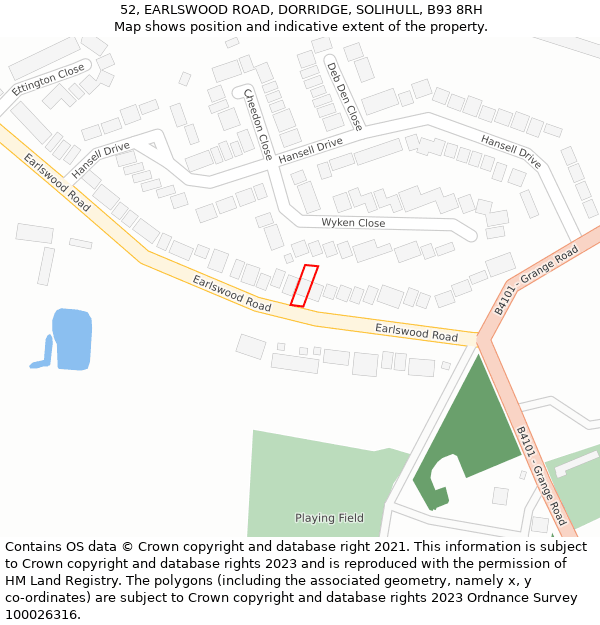 52, EARLSWOOD ROAD, DORRIDGE, SOLIHULL, B93 8RH: Location map and indicative extent of plot
