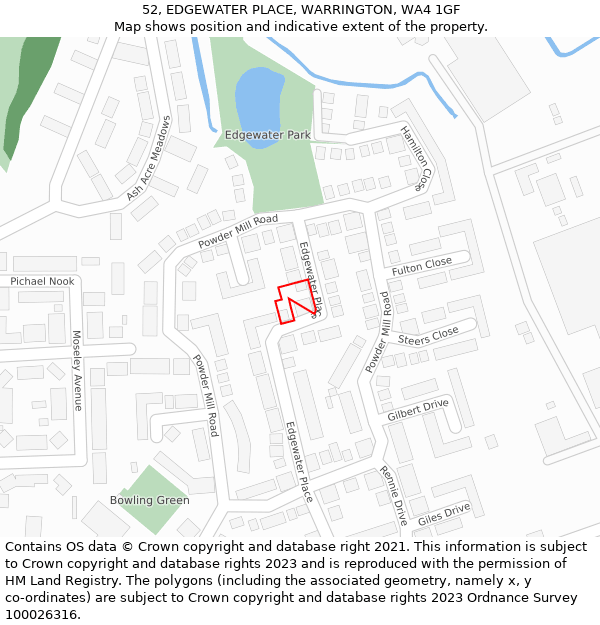 52, EDGEWATER PLACE, WARRINGTON, WA4 1GF: Location map and indicative extent of plot