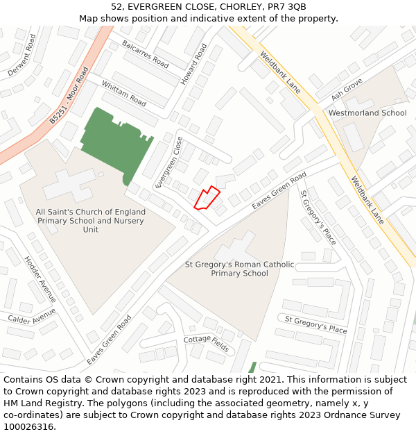 52, EVERGREEN CLOSE, CHORLEY, PR7 3QB: Location map and indicative extent of plot