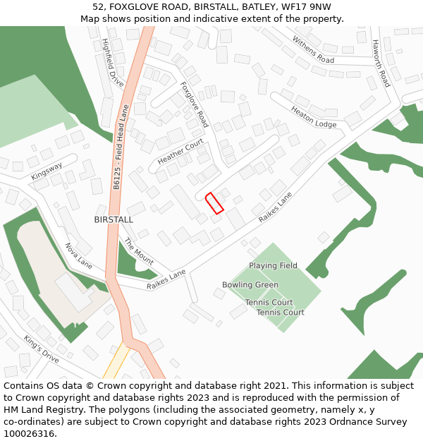 52, FOXGLOVE ROAD, BIRSTALL, BATLEY, WF17 9NW: Location map and indicative extent of plot