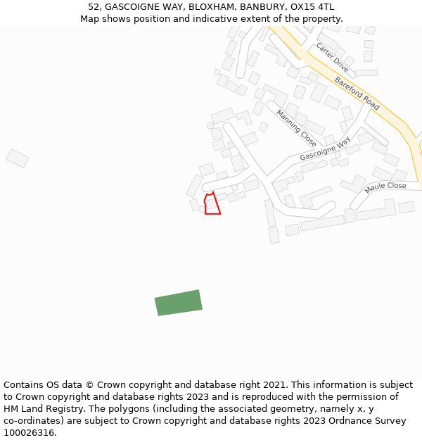 52, GASCOIGNE WAY, BLOXHAM, BANBURY, OX15 4TL: Location map and indicative extent of plot