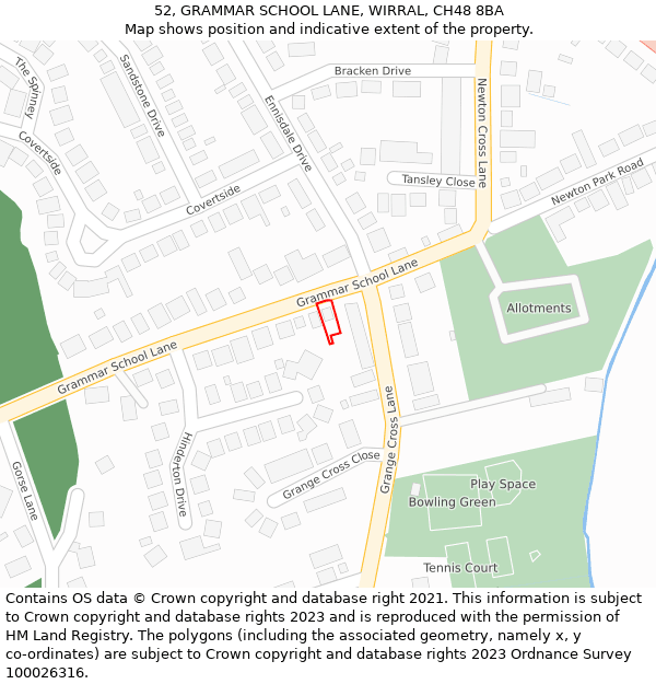 52, GRAMMAR SCHOOL LANE, WIRRAL, CH48 8BA: Location map and indicative extent of plot