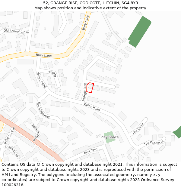 52, GRANGE RISE, CODICOTE, HITCHIN, SG4 8YR: Location map and indicative extent of plot