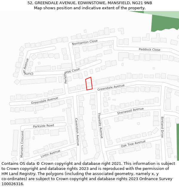 52, GREENDALE AVENUE, EDWINSTOWE, MANSFIELD, NG21 9NB: Location map and indicative extent of plot