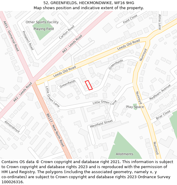 52, GREENFIELDS, HECKMONDWIKE, WF16 9HG: Location map and indicative extent of plot