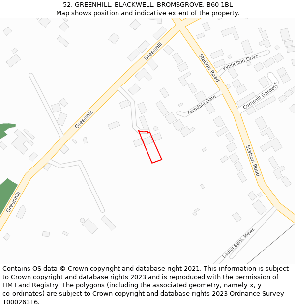 52, GREENHILL, BLACKWELL, BROMSGROVE, B60 1BL: Location map and indicative extent of plot