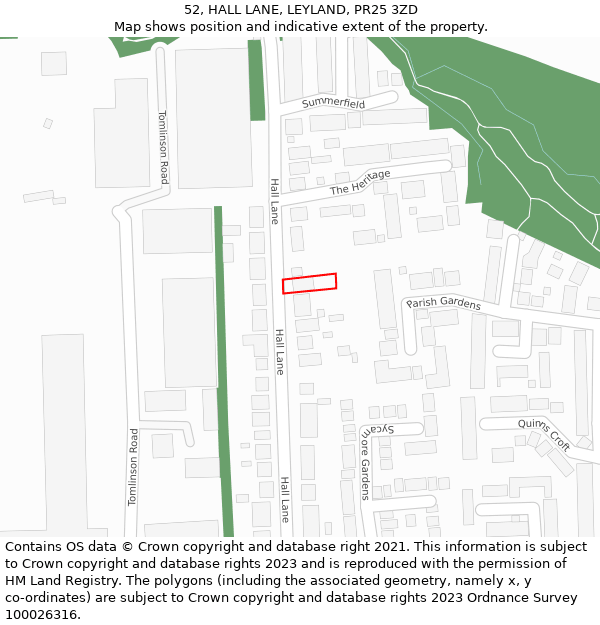 52, HALL LANE, LEYLAND, PR25 3ZD: Location map and indicative extent of plot