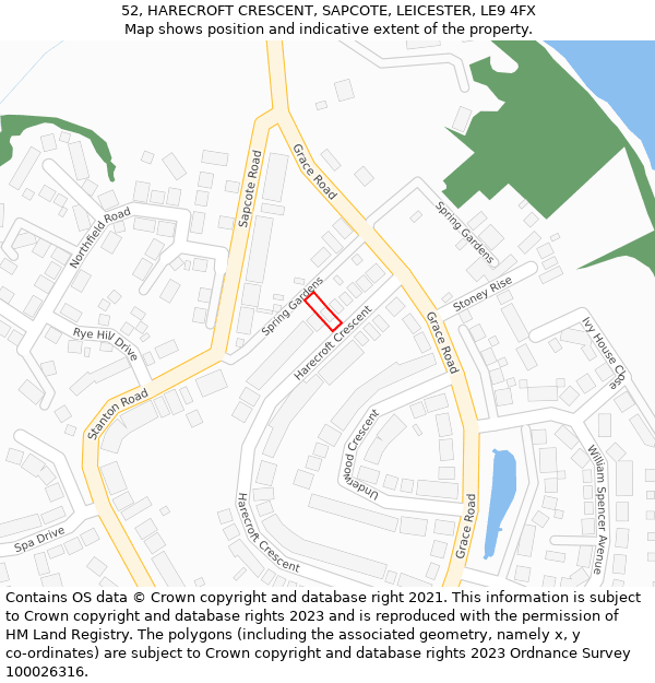 52, HARECROFT CRESCENT, SAPCOTE, LEICESTER, LE9 4FX: Location map and indicative extent of plot