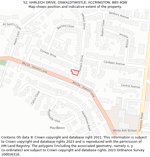 52, HARLECH DRIVE, OSWALDTWISTLE, ACCRINGTON, BB5 4QW: Location map and indicative extent of plot