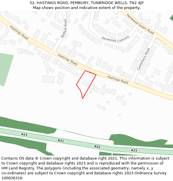 52, HASTINGS ROAD, PEMBURY, TUNBRIDGE WELLS, TN2 4JP: Location map and indicative extent of plot