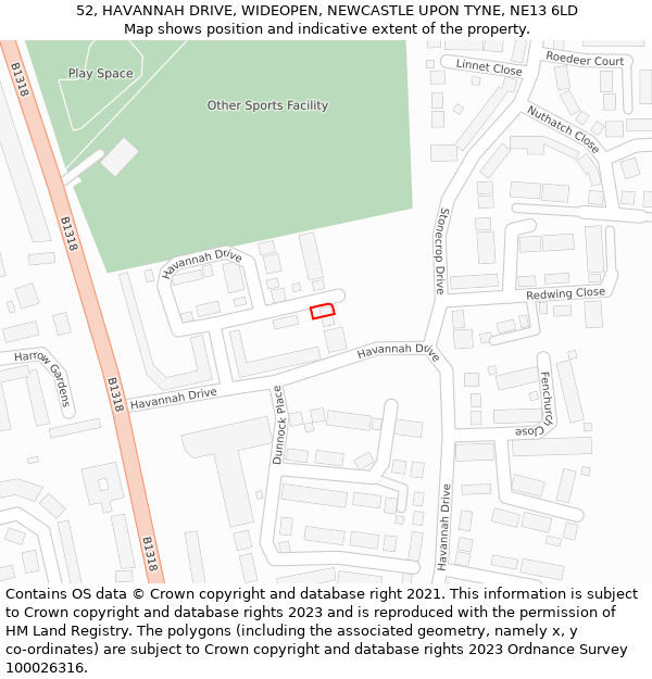 52, HAVANNAH DRIVE, WIDEOPEN, NEWCASTLE UPON TYNE, NE13 6LD: Location map and indicative extent of plot
