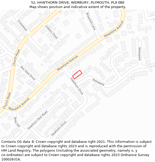 52, HAWTHORN DRIVE, WEMBURY, PLYMOUTH, PL9 0BE: Location map and indicative extent of plot