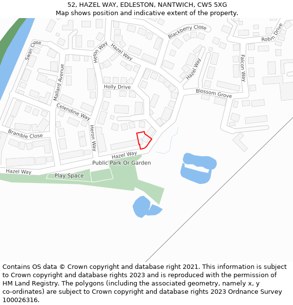 52, HAZEL WAY, EDLESTON, NANTWICH, CW5 5XG: Location map and indicative extent of plot