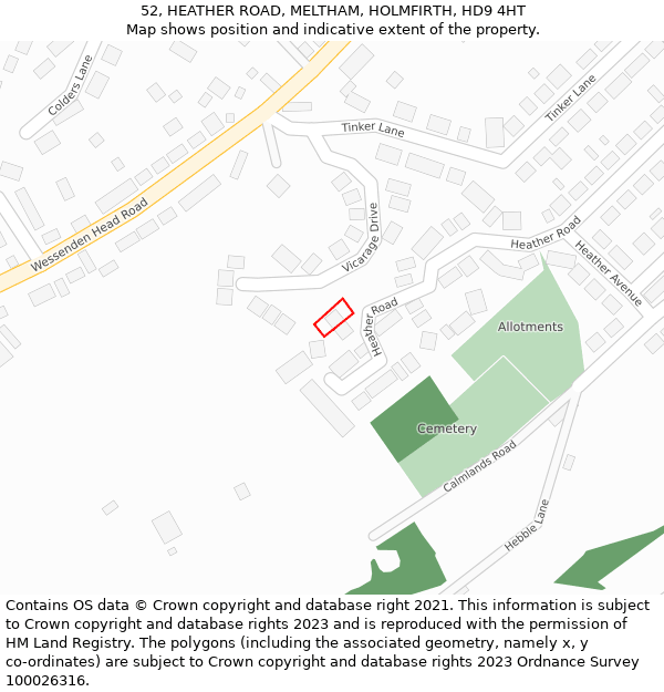 52, HEATHER ROAD, MELTHAM, HOLMFIRTH, HD9 4HT: Location map and indicative extent of plot