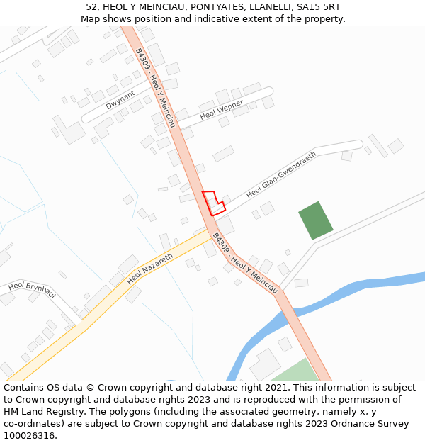 52, HEOL Y MEINCIAU, PONTYATES, LLANELLI, SA15 5RT: Location map and indicative extent of plot