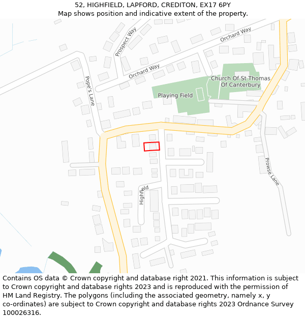 52, HIGHFIELD, LAPFORD, CREDITON, EX17 6PY: Location map and indicative extent of plot