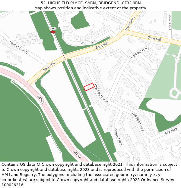52, HIGHFIELD PLACE, SARN, BRIDGEND, CF32 9RN: Location map and indicative extent of plot