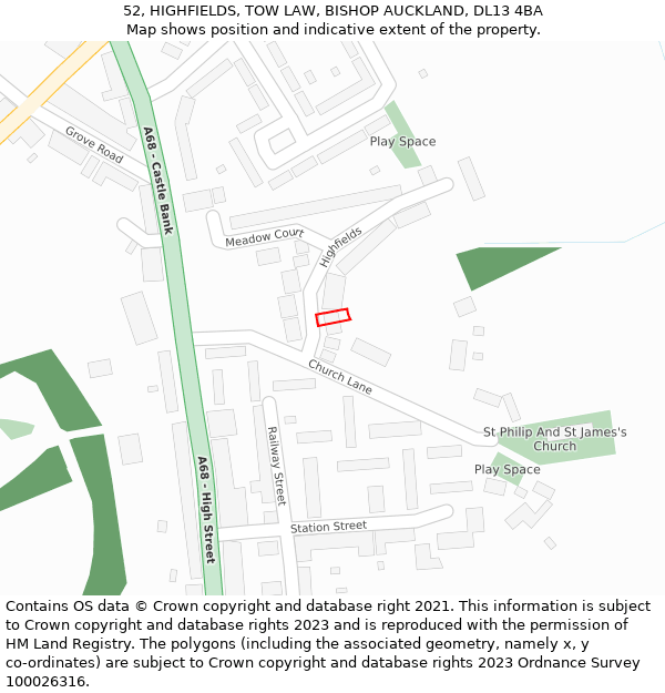 52, HIGHFIELDS, TOW LAW, BISHOP AUCKLAND, DL13 4BA: Location map and indicative extent of plot