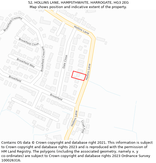 52, HOLLINS LANE, HAMPSTHWAITE, HARROGATE, HG3 2EG: Location map and indicative extent of plot