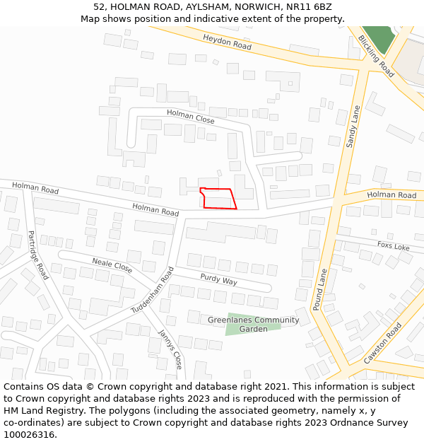 52, HOLMAN ROAD, AYLSHAM, NORWICH, NR11 6BZ: Location map and indicative extent of plot