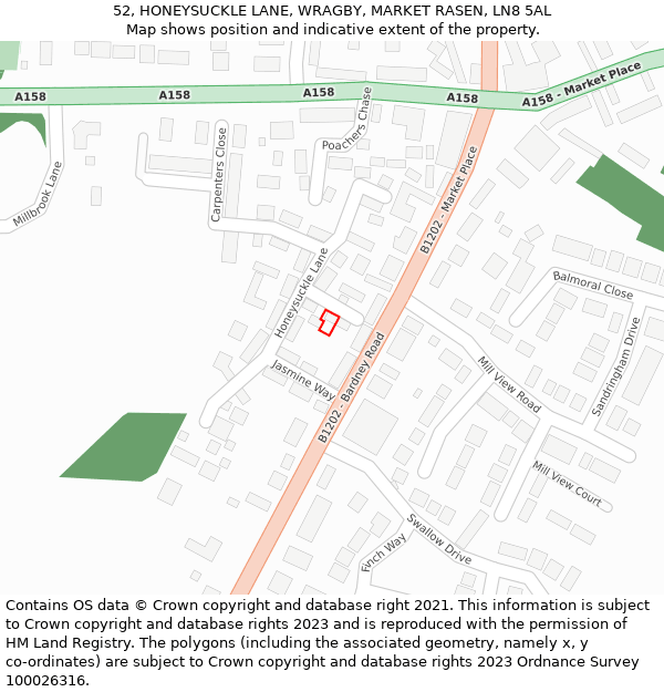 52, HONEYSUCKLE LANE, WRAGBY, MARKET RASEN, LN8 5AL: Location map and indicative extent of plot