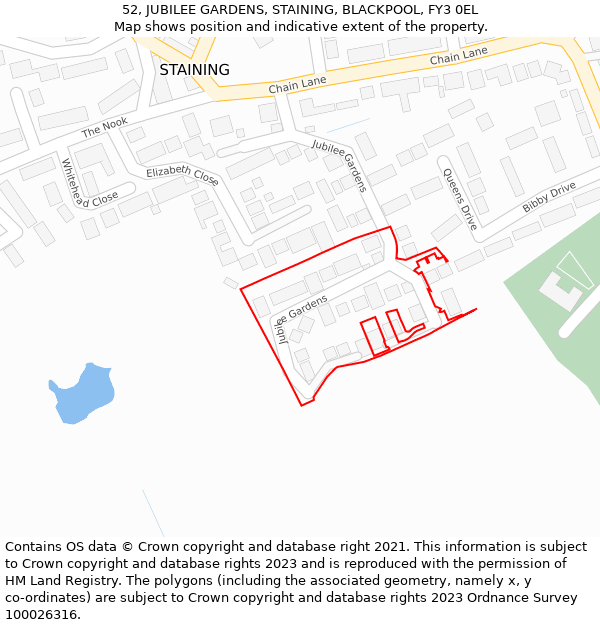 52, JUBILEE GARDENS, STAINING, BLACKPOOL, FY3 0EL: Location map and indicative extent of plot