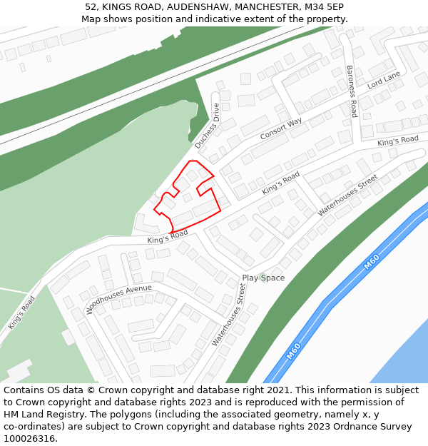 52, KINGS ROAD, AUDENSHAW, MANCHESTER, M34 5EP: Location map and indicative extent of plot