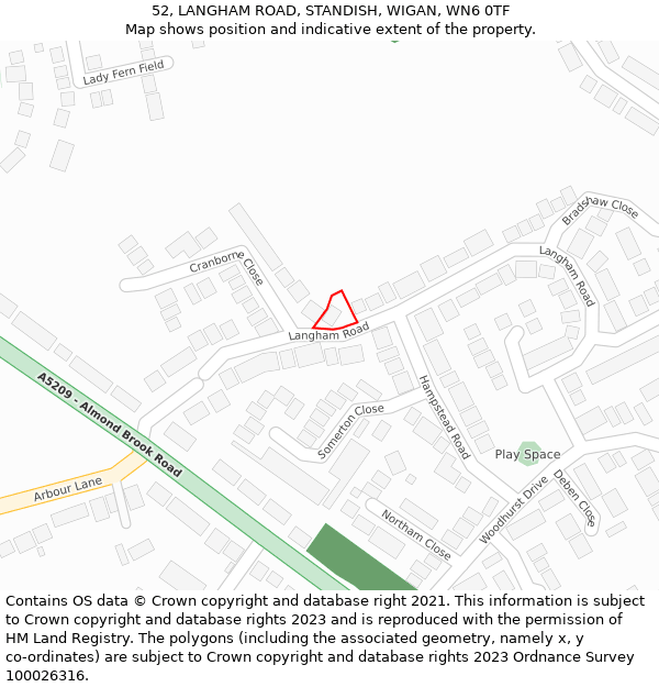 52, LANGHAM ROAD, STANDISH, WIGAN, WN6 0TF: Location map and indicative extent of plot