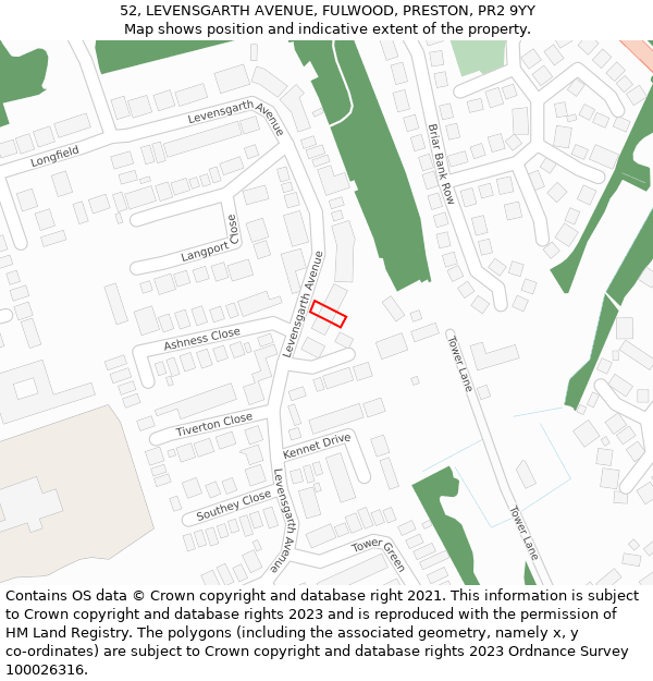 52, LEVENSGARTH AVENUE, FULWOOD, PRESTON, PR2 9YY: Location map and indicative extent of plot