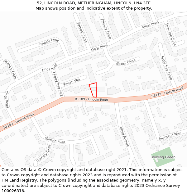 52, LINCOLN ROAD, METHERINGHAM, LINCOLN, LN4 3EE: Location map and indicative extent of plot