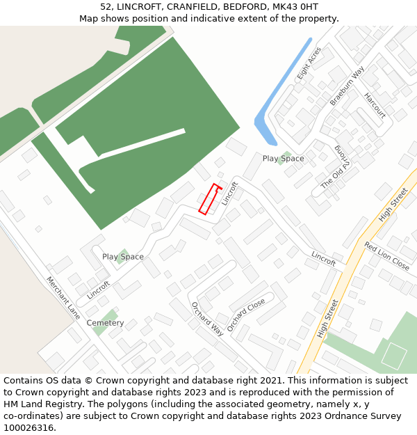 52, LINCROFT, CRANFIELD, BEDFORD, MK43 0HT: Location map and indicative extent of plot