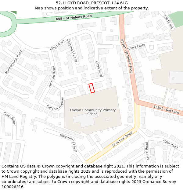 52, LLOYD ROAD, PRESCOT, L34 6LG: Location map and indicative extent of plot